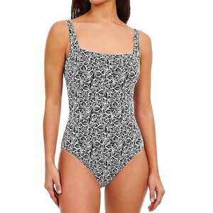 Gottex Women's Black & White Floral Square Neck One Piece Swimsuit Size 14